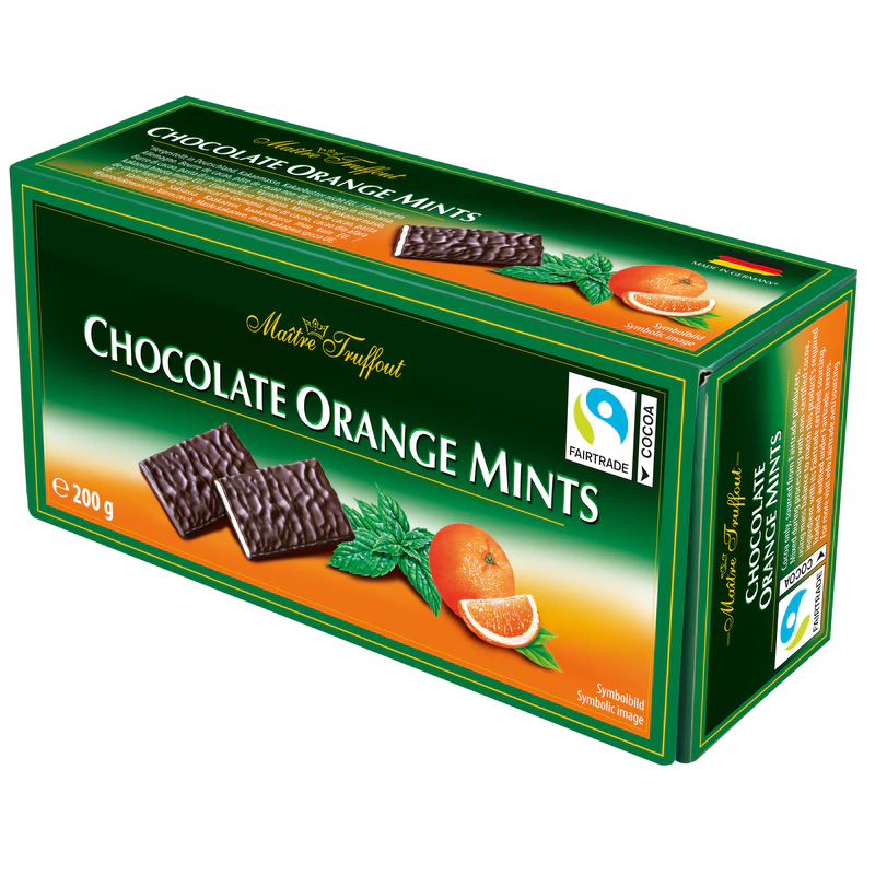 Шоколад с мятной начинкой «MAITRE TRUFFOUT» с апельсиновым вкусом, в пластинках, 200 г.