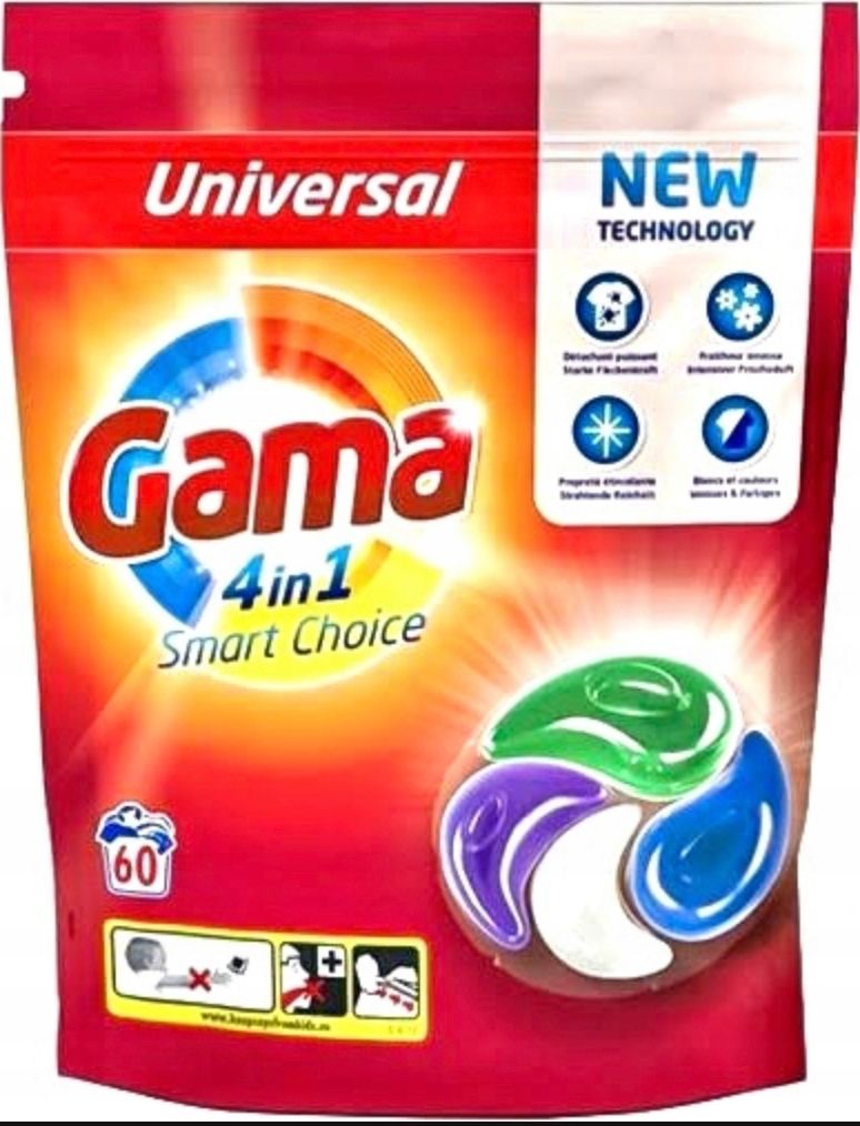 Капсулы для стирки белья «Gama» Universal, 4 в 1, для всех типов, 60 шт