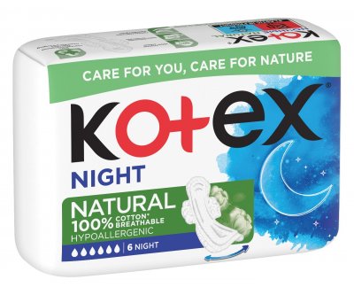 Прокладки женские «Kotex» Natural Night, с крылышками, 6 шт